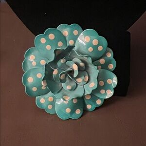 Vintage 1960’s Enamel Turquoise Blue and White Polka Dot Flower Brooch/Pin 2.5”